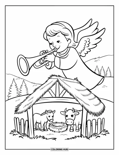 Coloriage de Noël chrétien pour enfants : Un ange joue de la trompette tandis que des animaux se reposent tranquillement dans une étable de Noël