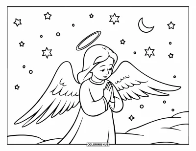 Coloriage de Noël chrétien pour enfants : Un ange avec un halo et de grandes ailes prie sous un ciel de Noël étoilé et enneigé