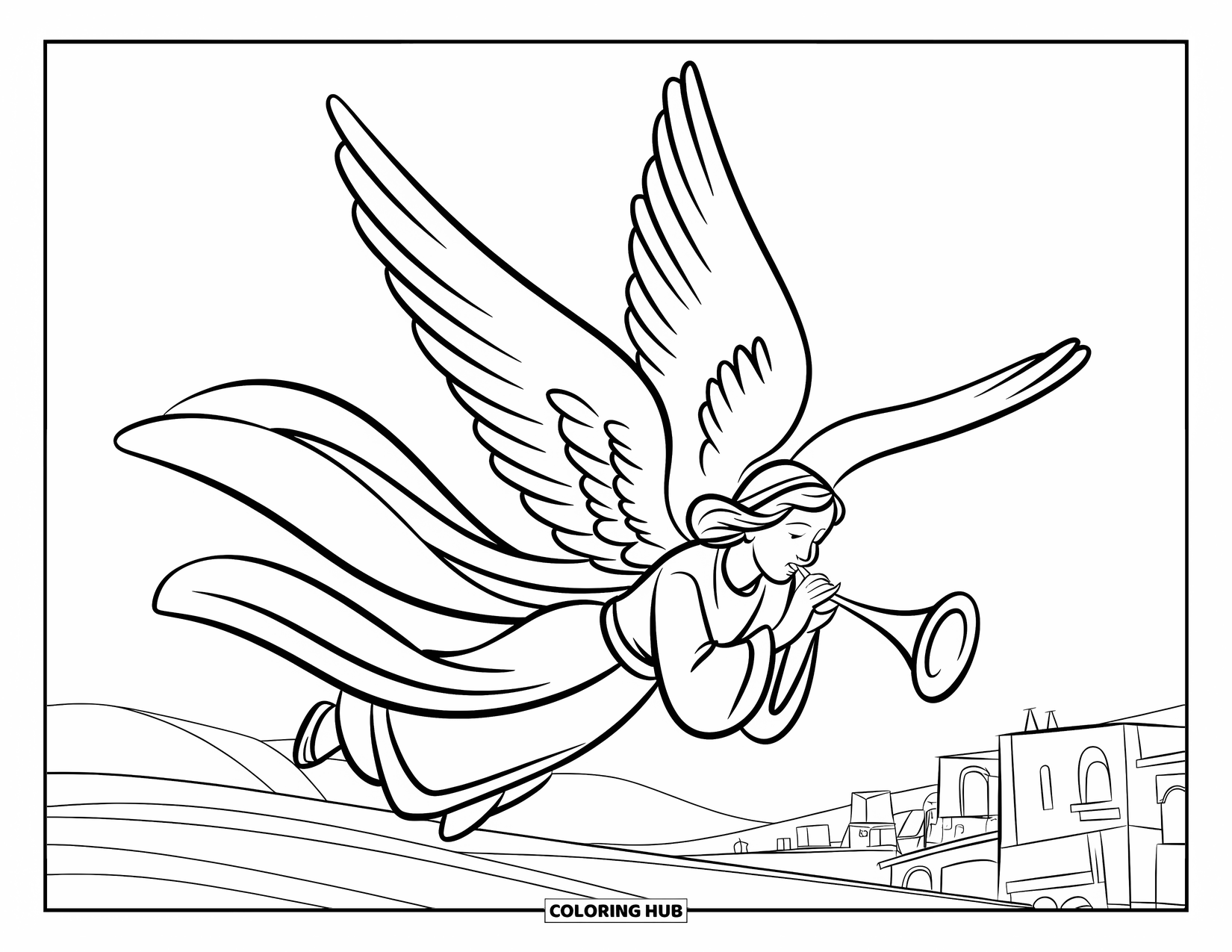 Christian Christmas Coloring Page for Kids: An angel with a trumpet flies over Bethlehem under a peaceful night sky