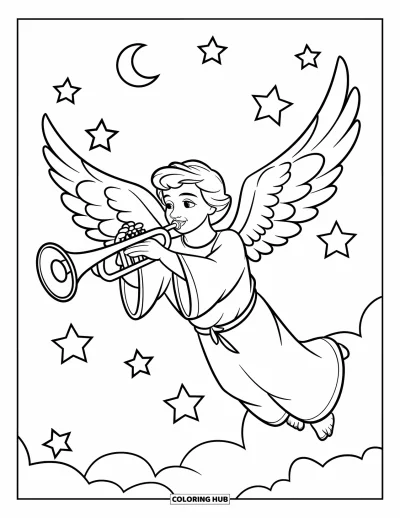 Coloriage de Noël chrétien pour enfants : L'ange Gabriel sonne de la trompette sous des étoiles et un croissant de lune dans le ciel nocturne