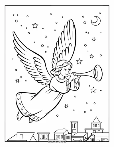 Coloriage de Noël chrétien pour enfants : L'ange Gabriel traverse un ciel étoilé avec une trompette au-dessus d'une ville