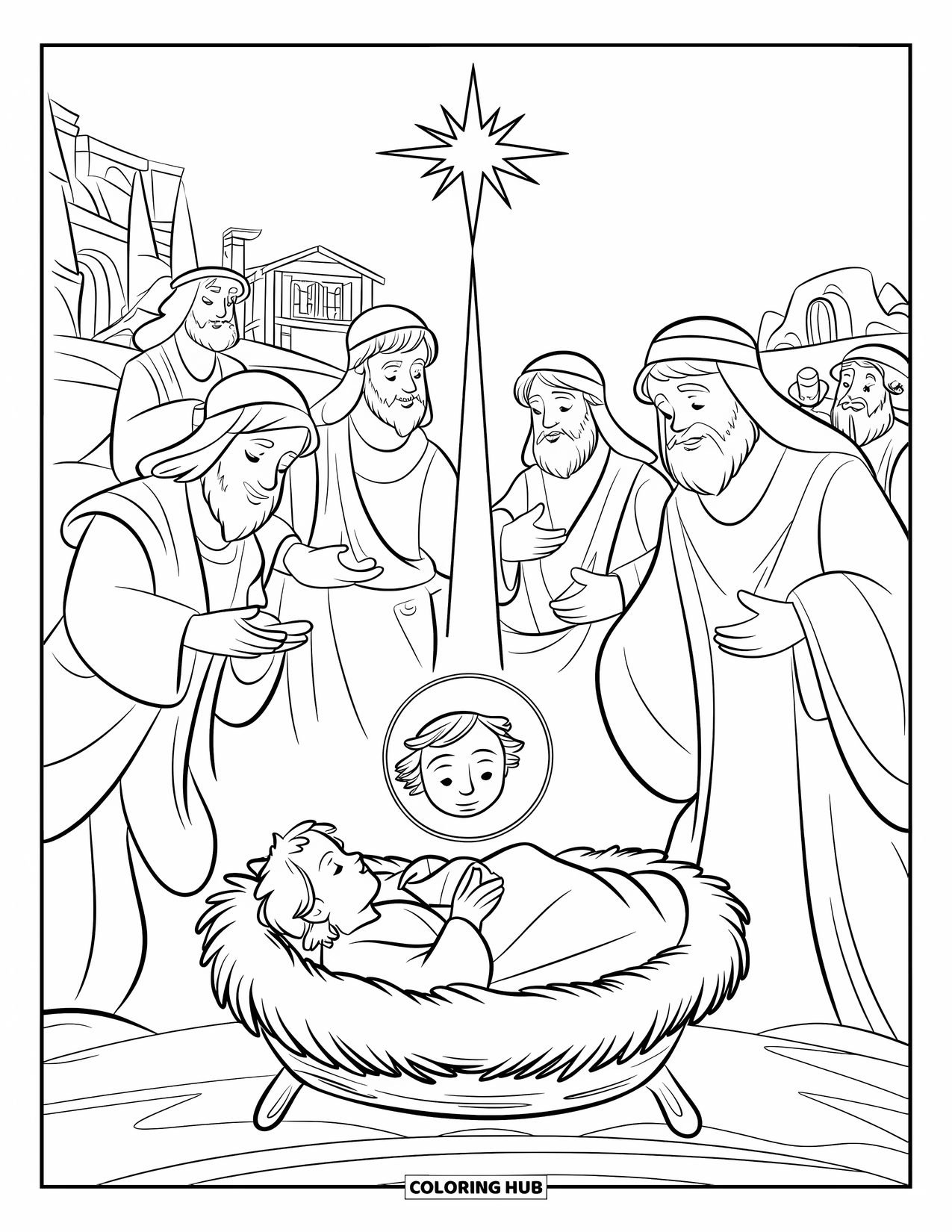 Christian Christmas Coloring Page for Kids: Baby Jesus rests in a manger while shepherds and wise men gather nearby