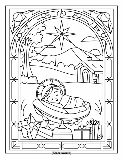 Coloriage de Noël chrétien pour enfants : L'enfant Jésus est assis dans un cadre détaillé de symboles de Noël avec vue sur un village paisible