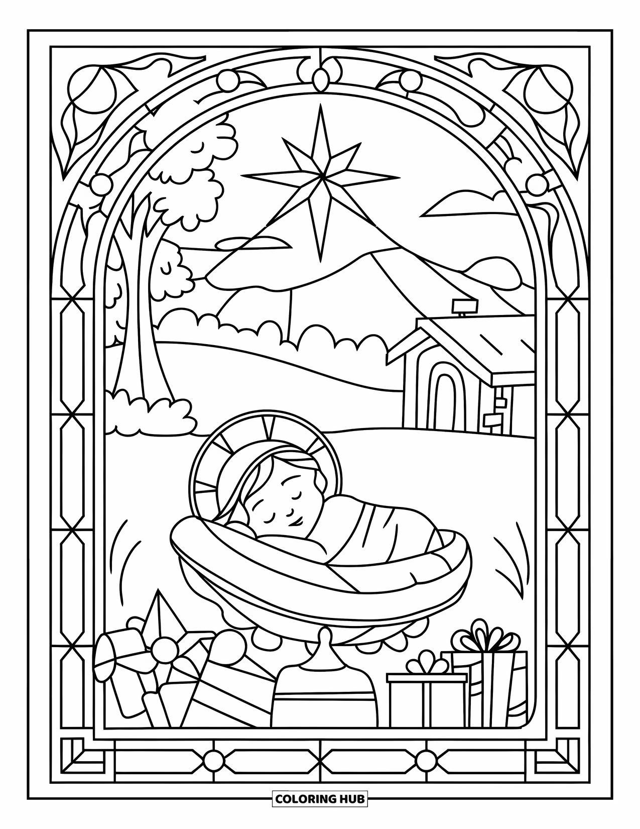 Christian Christmas Coloring Page for Kids: Baby Jesus sits inside a detailed border of Christmas symbols and a peaceful village view