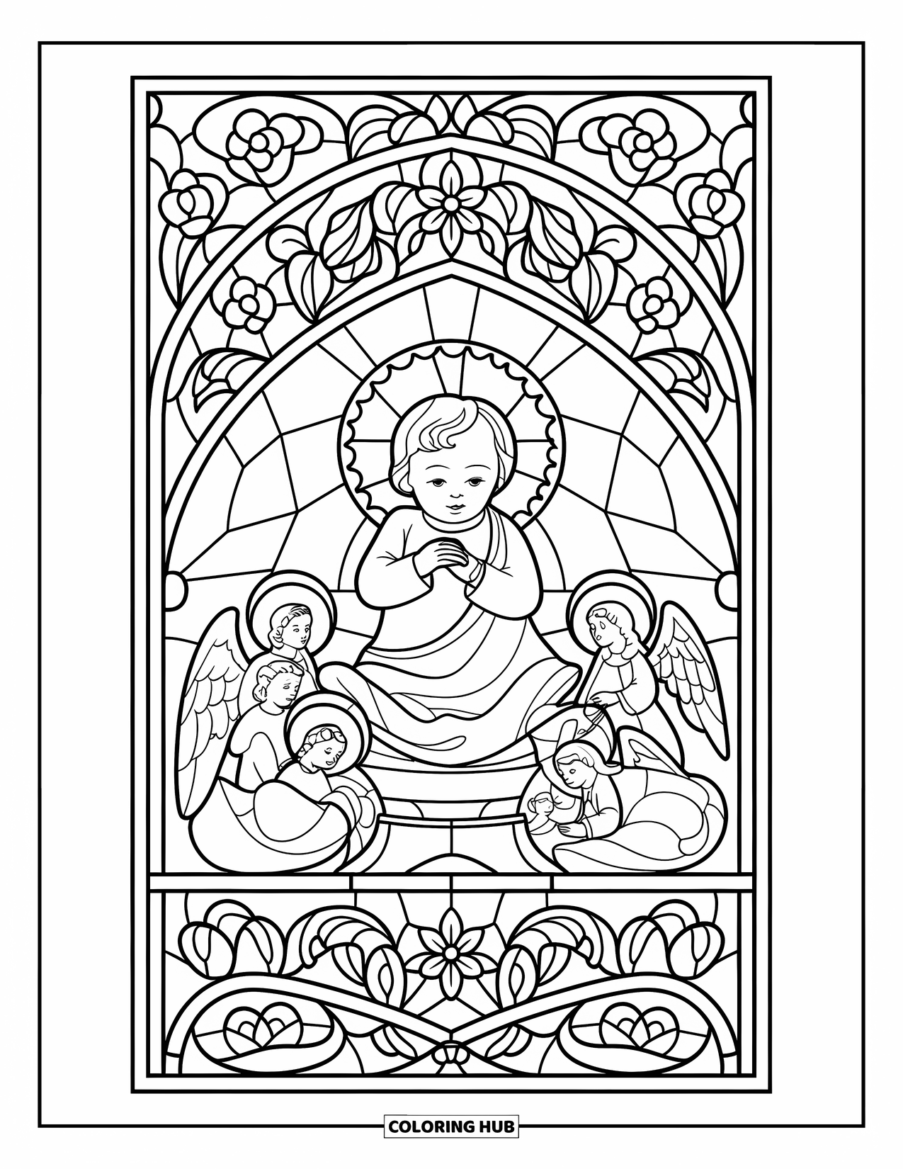 Christian Christmas Coloring Page for Kids: Baby Jesus sits on a throne surrounded by angels inside a floral stained-glass frame