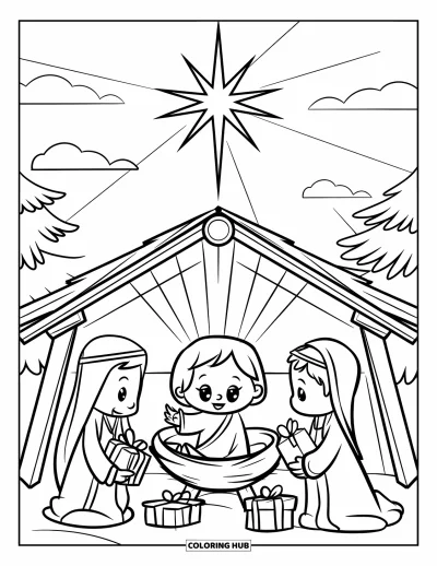 Coloriage de Noël chrétien pour enfants : Le petit Jésus en style chibi repose sous une étoile brillante pendant que des rois mages s'approchent