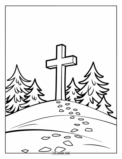 Coloriage de Noël chrétien pour enfants : Des empreintes de pas mènent à une grande croix sur une colline enneigée entourée de sapins