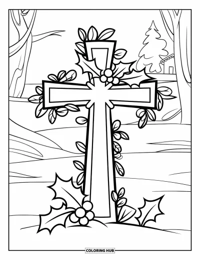 Coloriage de Noël chrétien pour enfants : Du houx et des baies décorent une croix dressée dans un paysage enneigé avec des bâtiments au loin