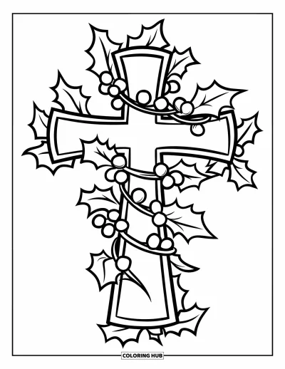 Coloriage de Noël chrétien pour enfants : Des feuilles de houx et des baies enveloppent une croix dans un paysage enneigé