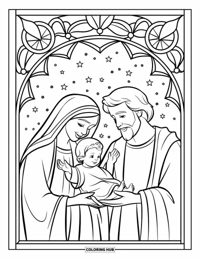 Coloriage de Noël chrétien pour enfants : Marie et Joseph tiennent l'enfant Jésus sous un ciel étoilé dans un encadrement de vitrail