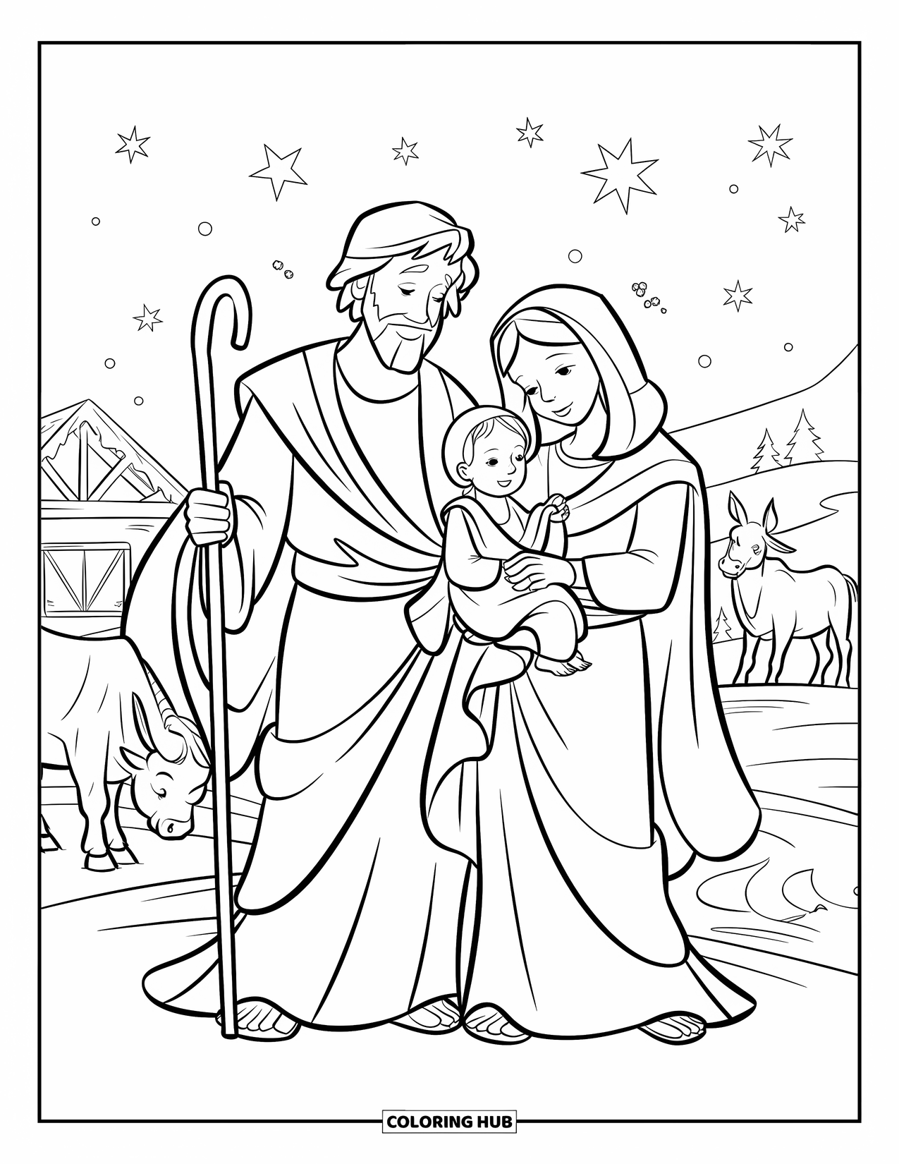 Christian Christmas Coloring Page for Kids: Mary and Joseph stand beside baby Jesus in a stable under a sky full of stars