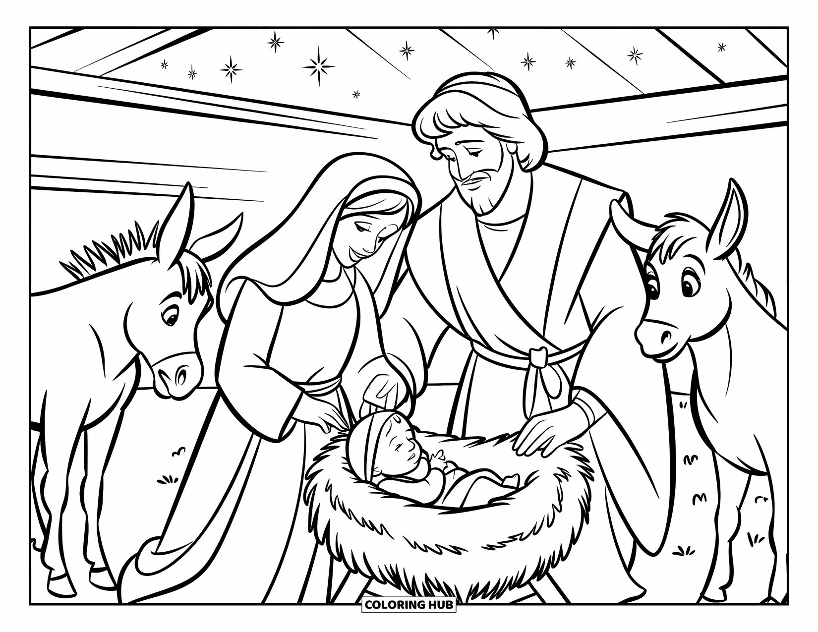 Christian Christmas Coloring Page for Kids: Mary and Joseph stand by baby Jesus in a manger with animals nearby