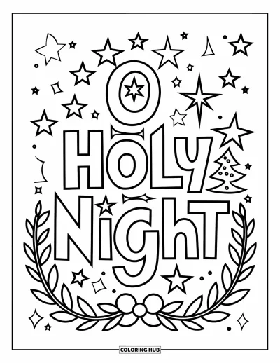 Coloriage de Noël chrétien pour enfants : « O Holy Night » est écrit avec des étoiles et des symboles de fêtes comme une couronne et un sapin