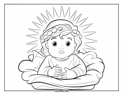 Coloriage de Noël chrétien pour enfants : Des rayons de lumière émanent de l'enfant Jésus dans une douce scène de Noël