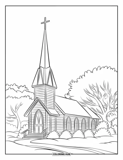 Coloriage de Noël chrétien pour enfants : Une église avec un grand clocher est entourée de neige dans un décor boisé et paisible