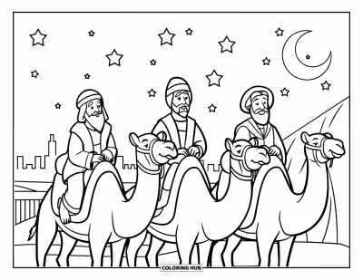 Coloriage de Noël chrétien pour enfants : Trois rois mages et leurs chameaux se rassemblent près d'une étable sous un ciel étoilé baigné de lune