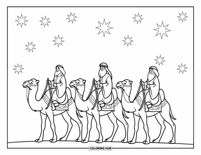 Coloriage de Noël chrétien pour enfants : Trois rois mages à dos de chameaux voyagent sous des étoiles scintillantes dans un ciel nocturne paisible