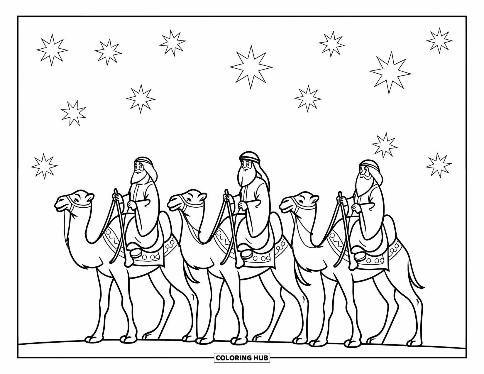 Christian Christmas Coloring Page for Kids: Three wise men on camels travel under twinkling stars in a quiet night sky