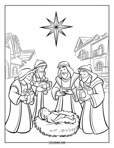 Coloriage de Noël chrétien pour enfants : Des rois mages et des villageois se rassemblent près de l'enfant Jésus sous une étoile brillante dans la crèche