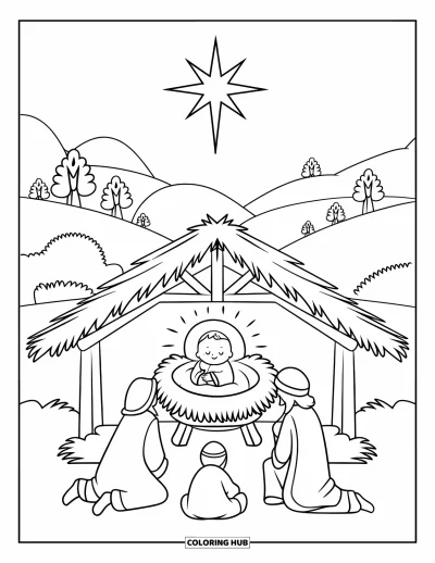Coloriage de Noël chrétien pour enfants : Des rois mages s'agenouillent près de l'enfant Jésus dans une crèche entourée de collines et d'arbres