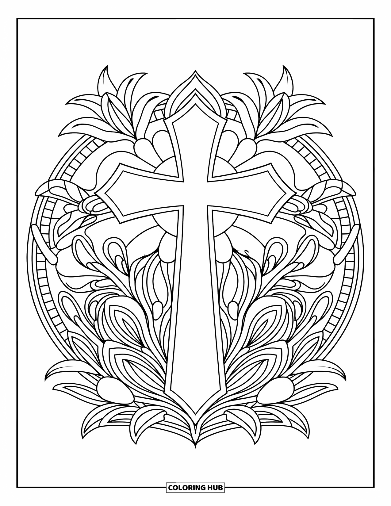 Christian Easter Coloring Page for Adults: A Christian cross shines inside a mandala of lilies and vines
