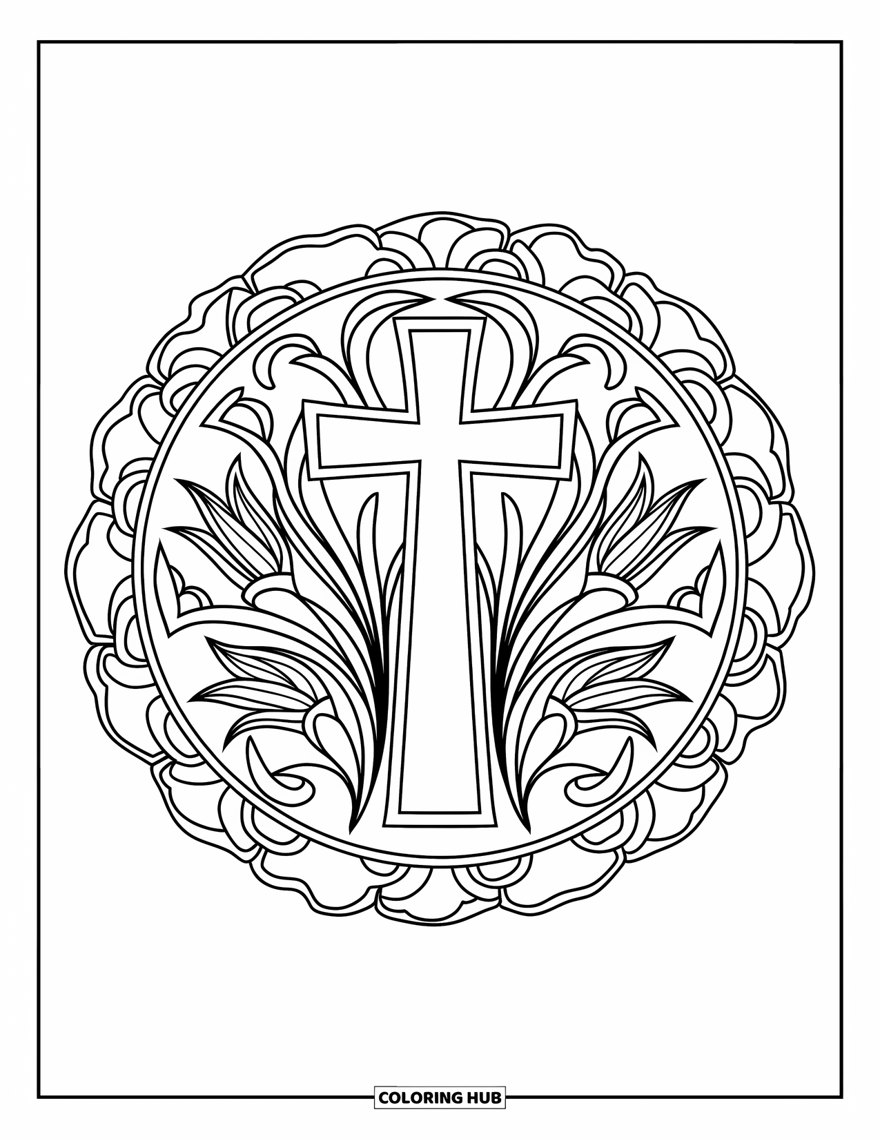 Christian Easter Coloring Page for Adults: A cross rests at the center of a floral mandala of lilies