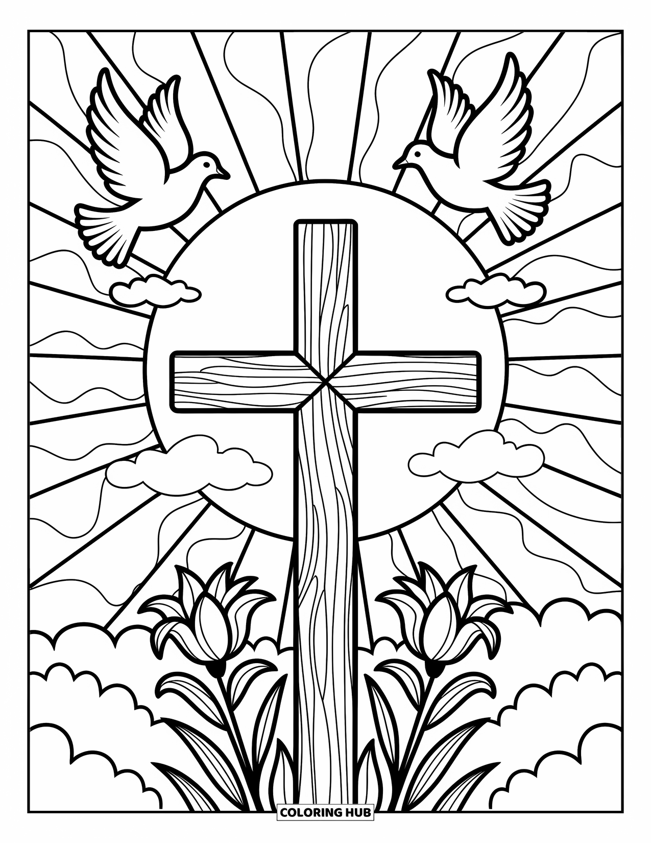 Christian Easter Coloring Page for Adults: A cross with lilies and doves glows under soft, radiant sunbeams