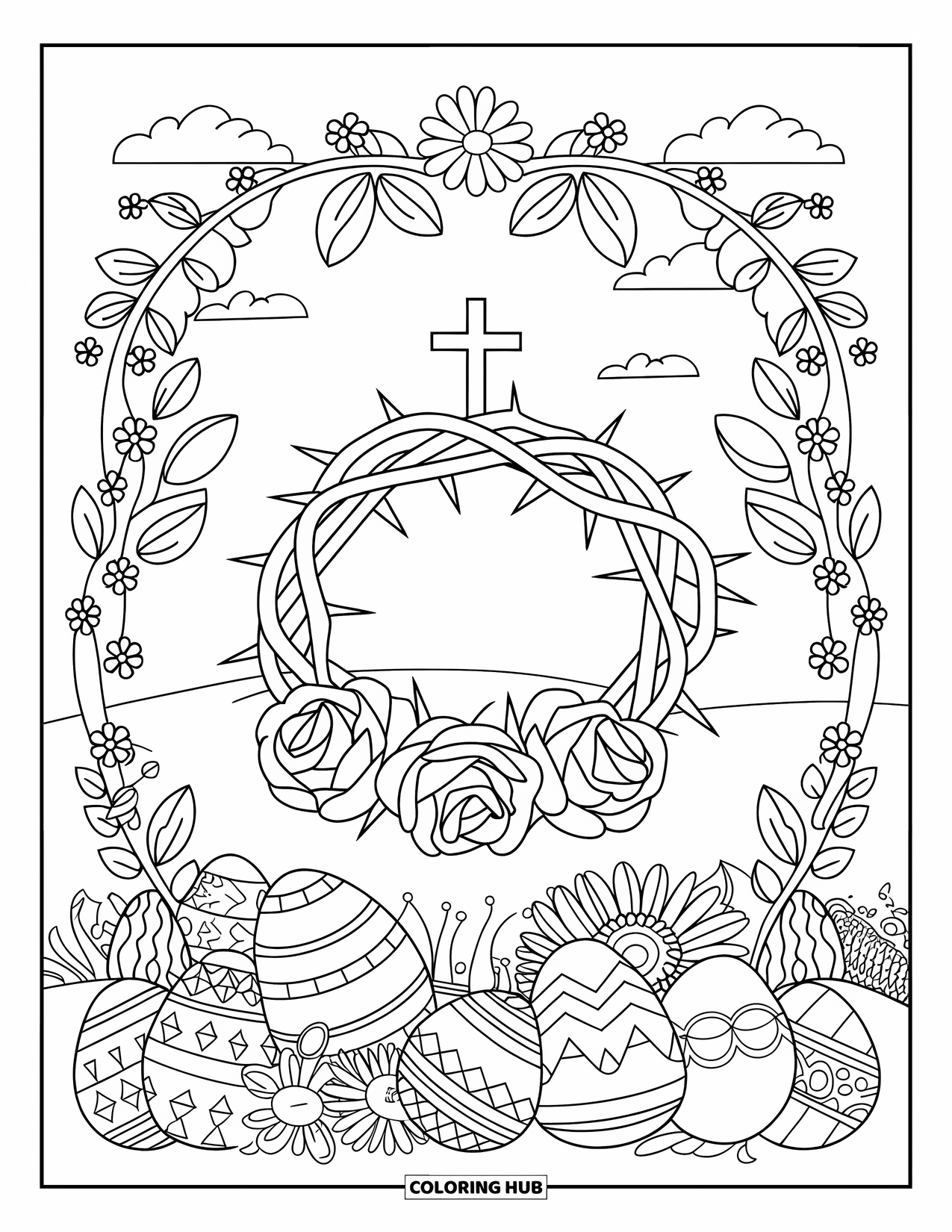 Christian Easter Coloring Page for Adults: A crown of thorns with roses rests within a floral Easter frame