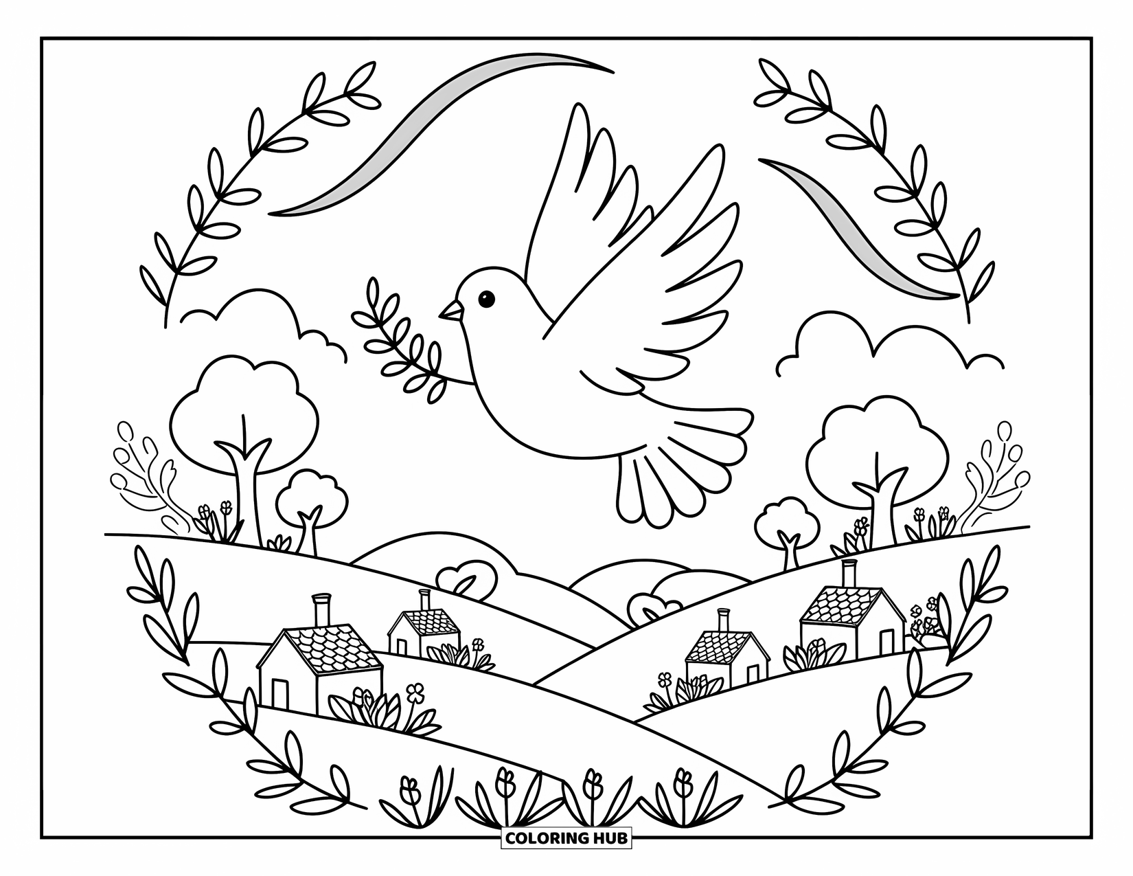Christian Easter Coloring Page for Adults: A dove glides peacefully with an olive branch over sunlit rolling hills