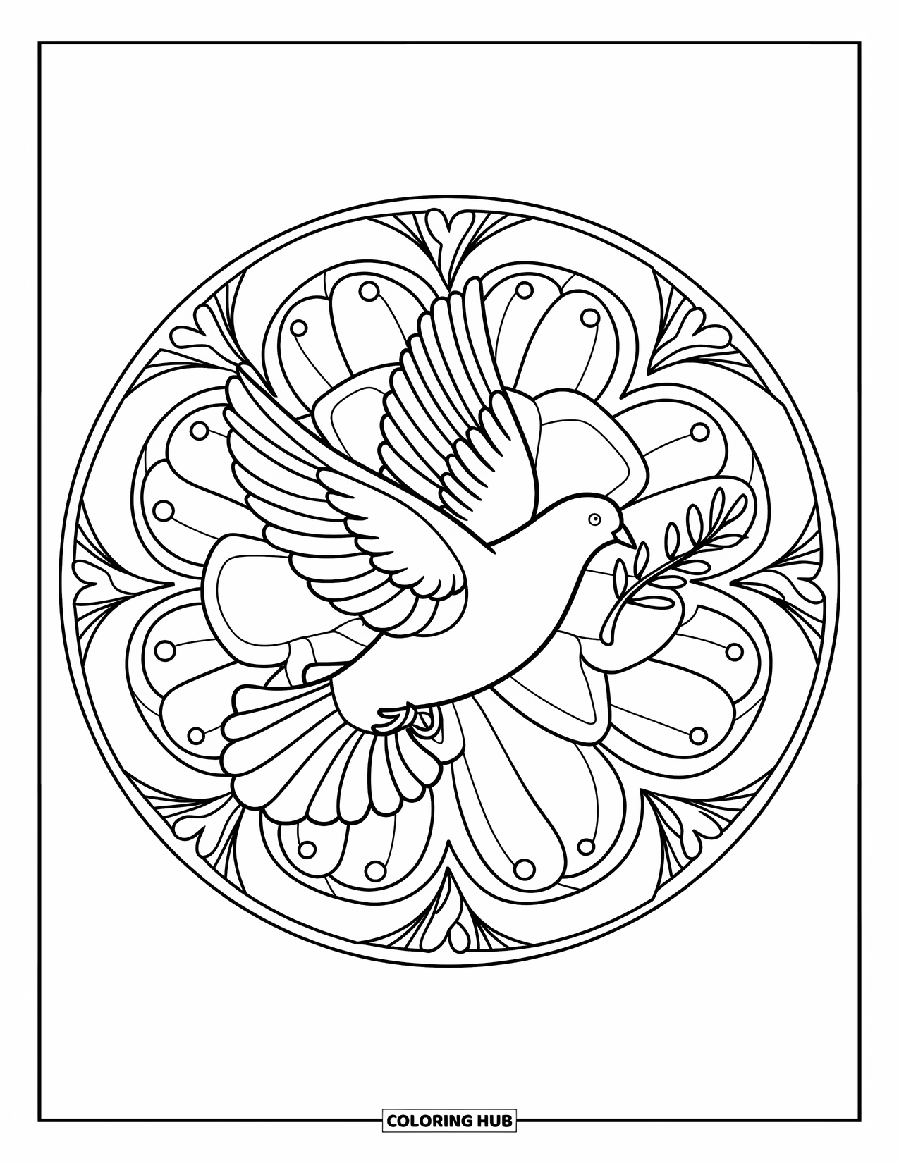 Christian Easter Coloring Page for Adults: A serene dove flies over a mandala filled with Easter designs
