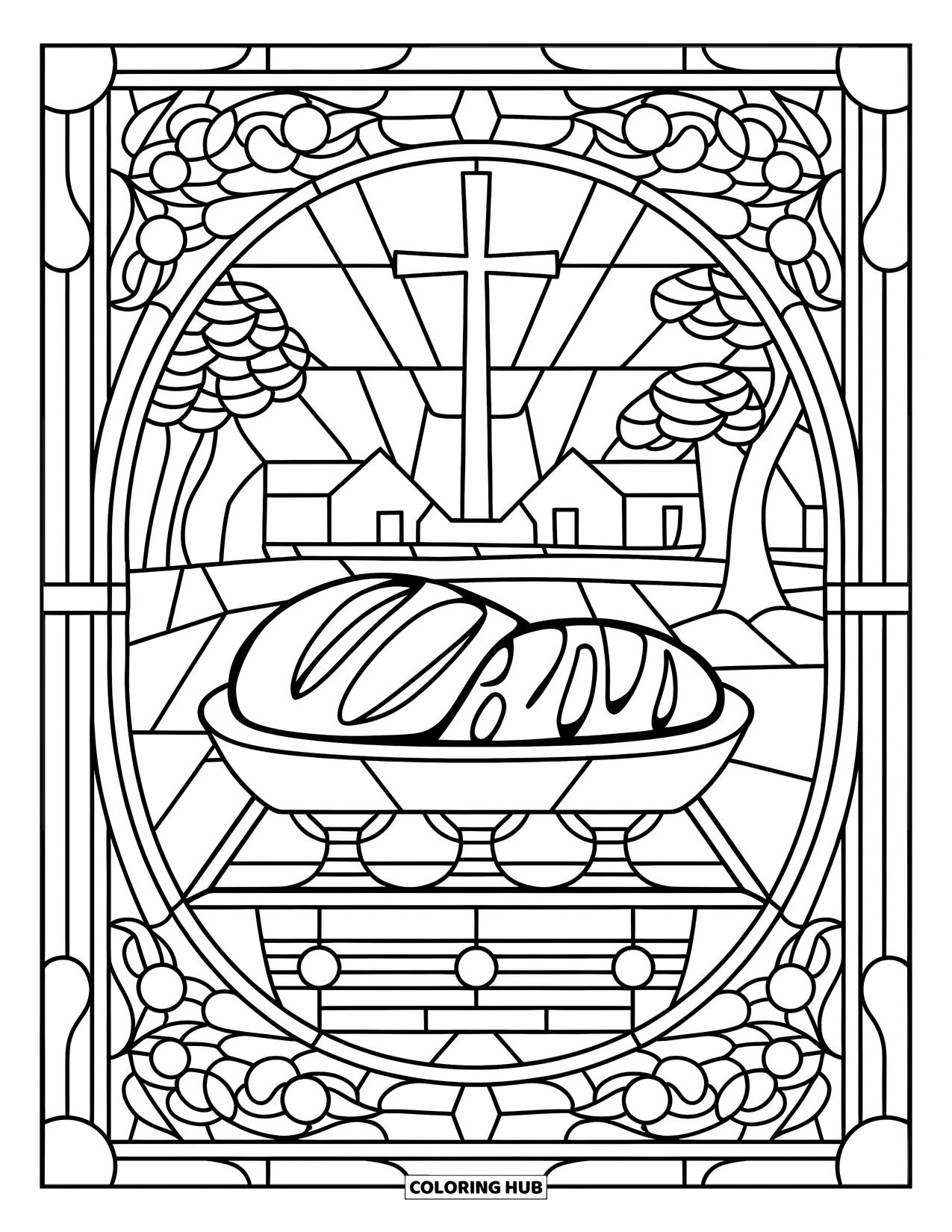 Christian Easter Coloring Page for Adults: A stained glass window shows bread, wine, and a cross among trees