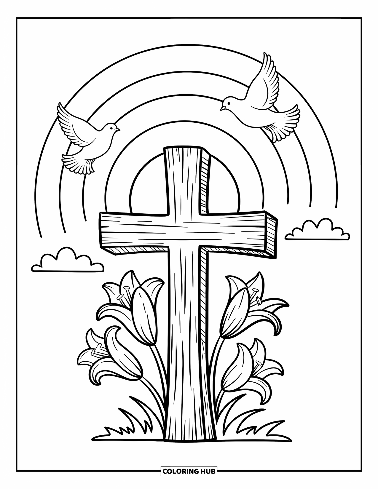 Christian Easter Coloring Page for Adults: A sunrise shines behind a cross surrounded by lilies and drifting clouds