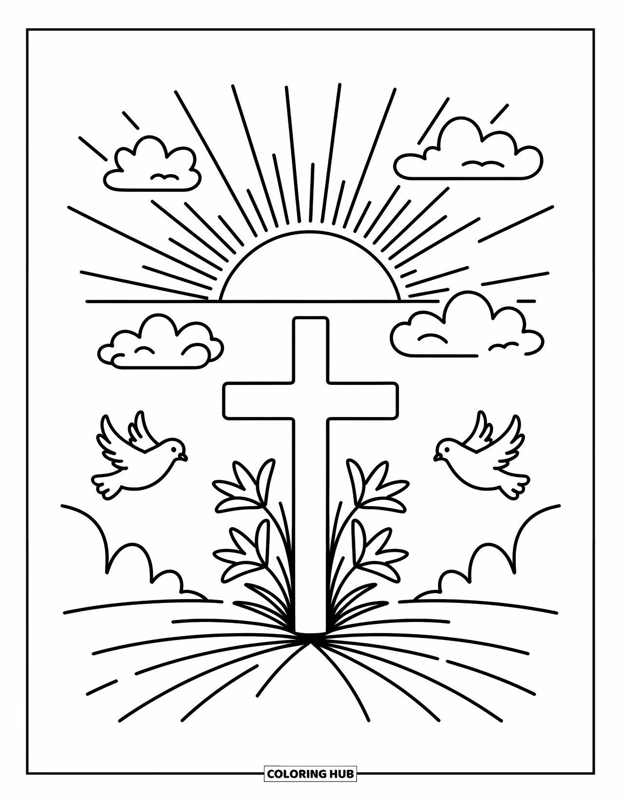 Christian Easter Coloring Page for Adults: A wooden cross stands among lilies beneath doves and a rising sun