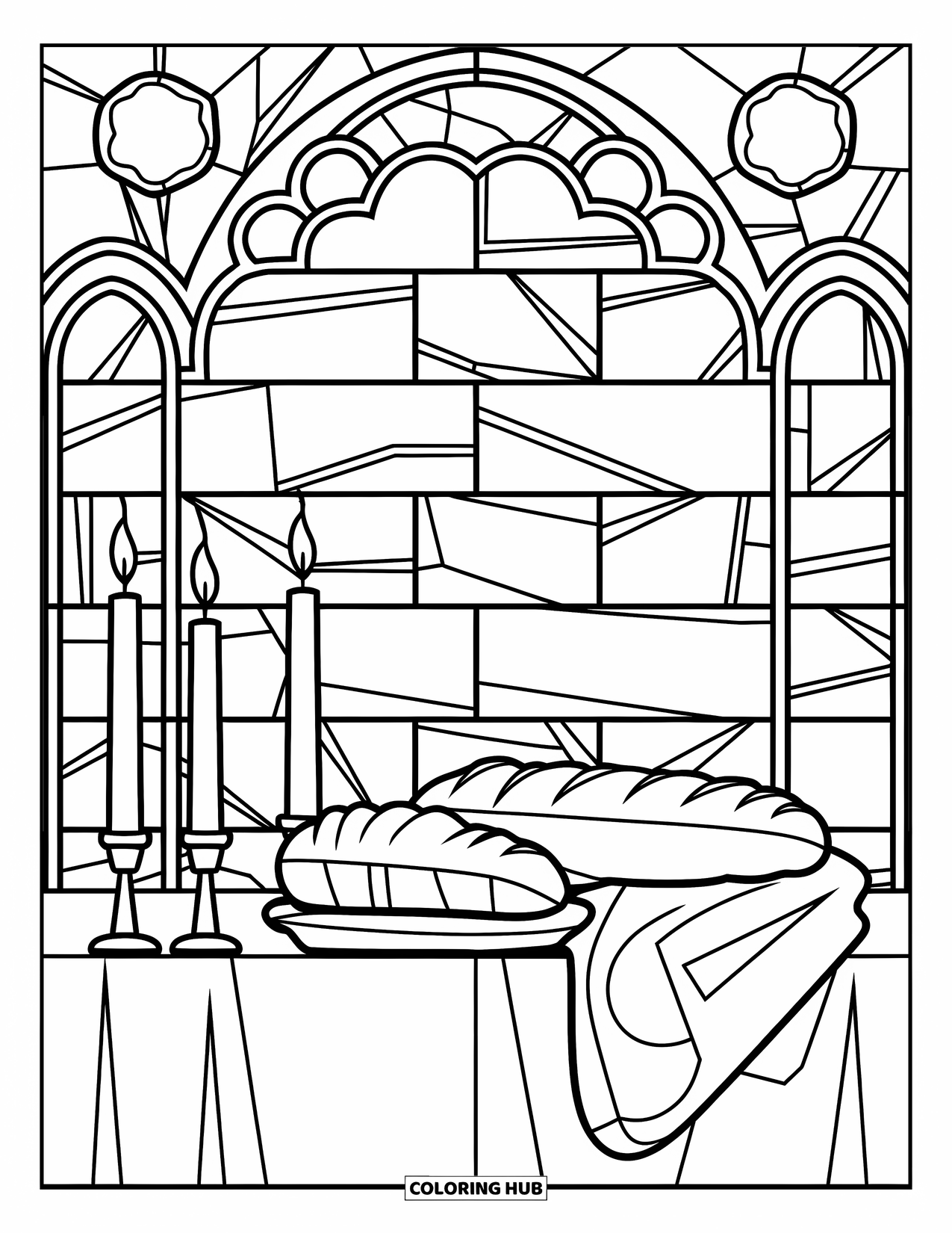 Christian Easter Coloring Page for Adults: Bread and wine glow in a stained glass scene with candles and light
