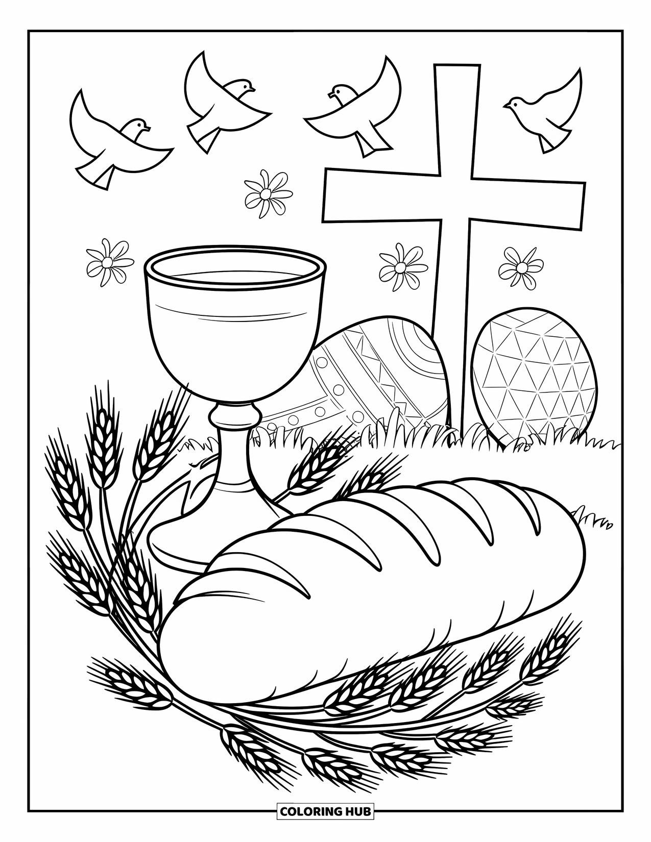 Christian Easter Coloring Page for Adults: Bread, wine, and wheat rest beneath doves and crosses in harmony