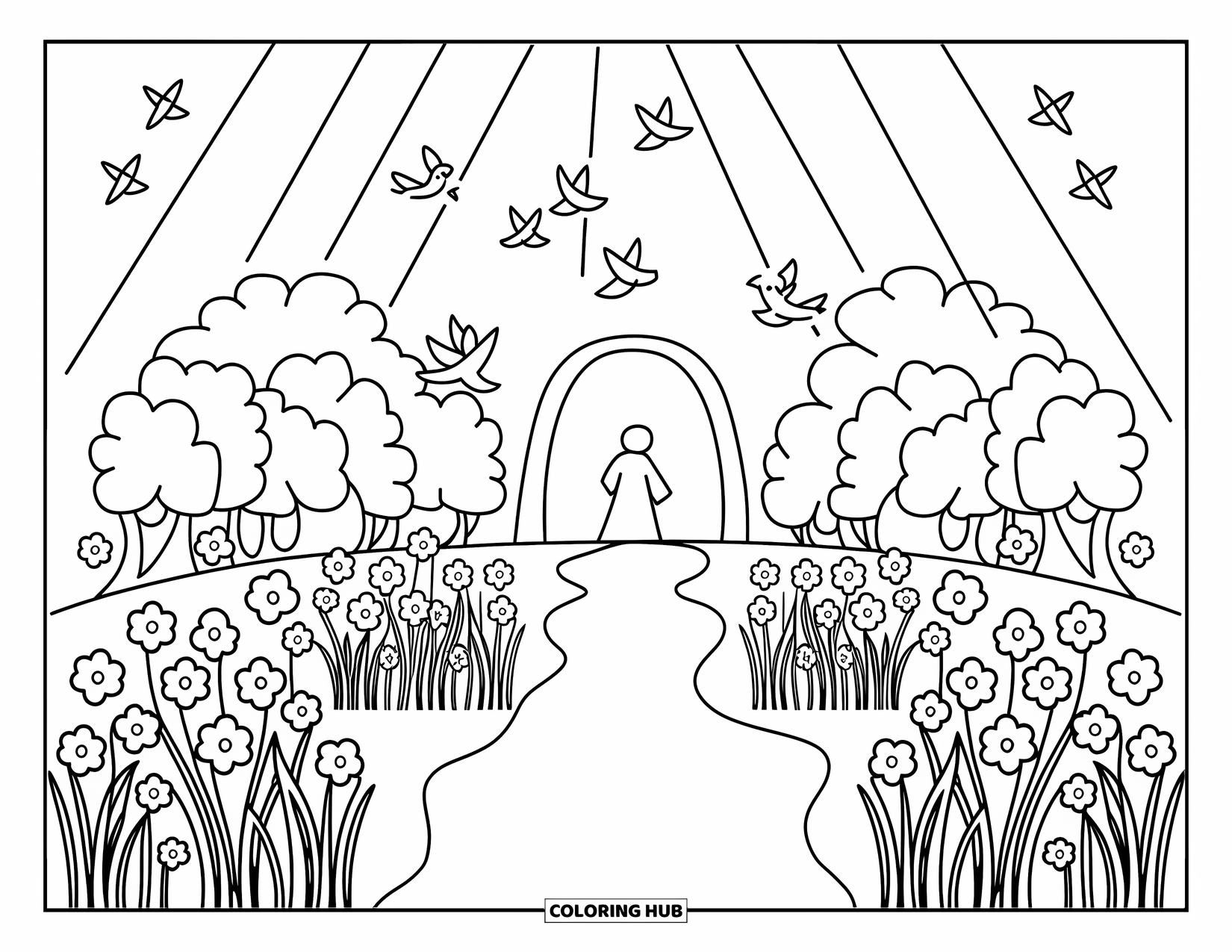 Christian Easter Coloring Page for Adults: Jesus and an angel stand by the open tomb as birds fly above
