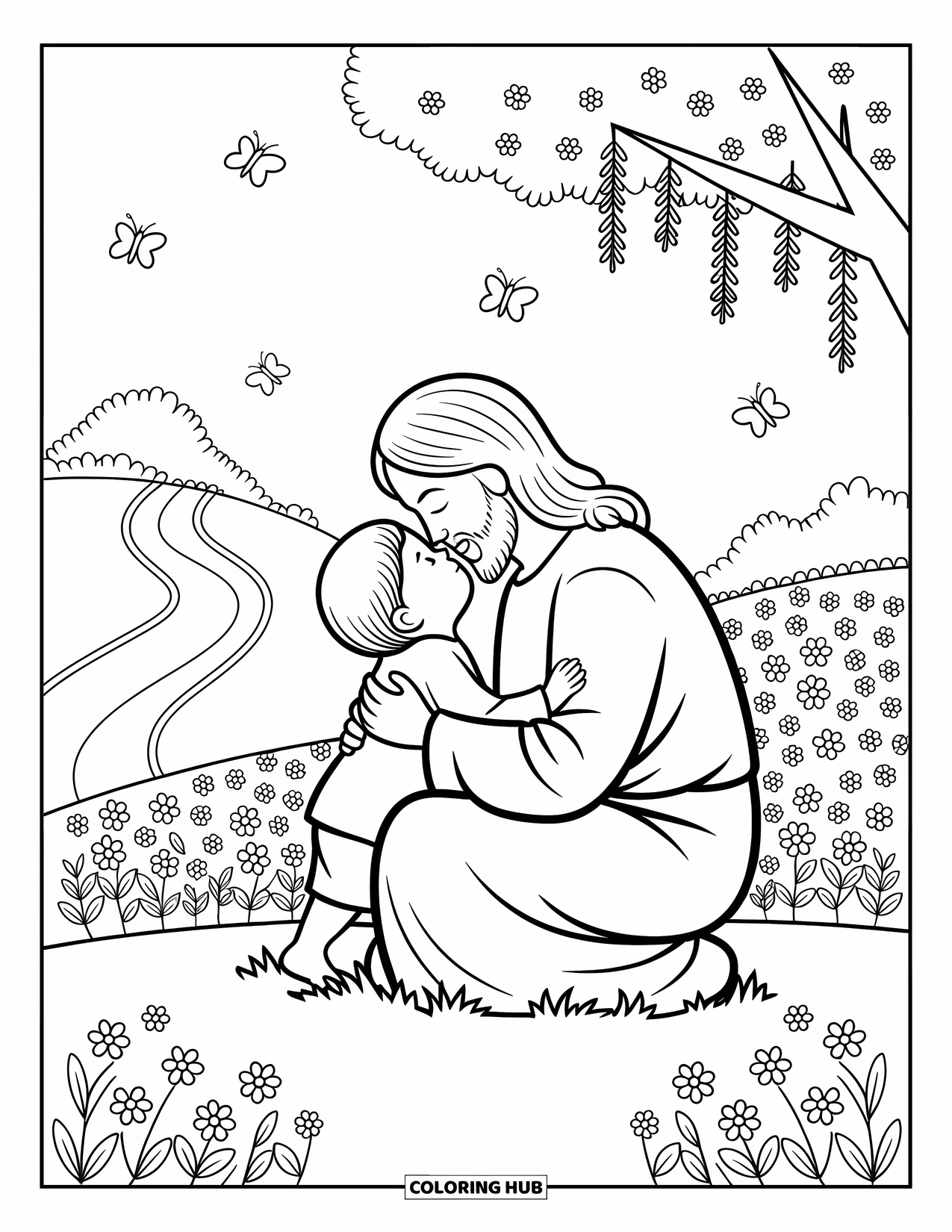 Christian Easter Coloring Page for Adults: Jesus embraces a child while butterflies flutter around them in peace