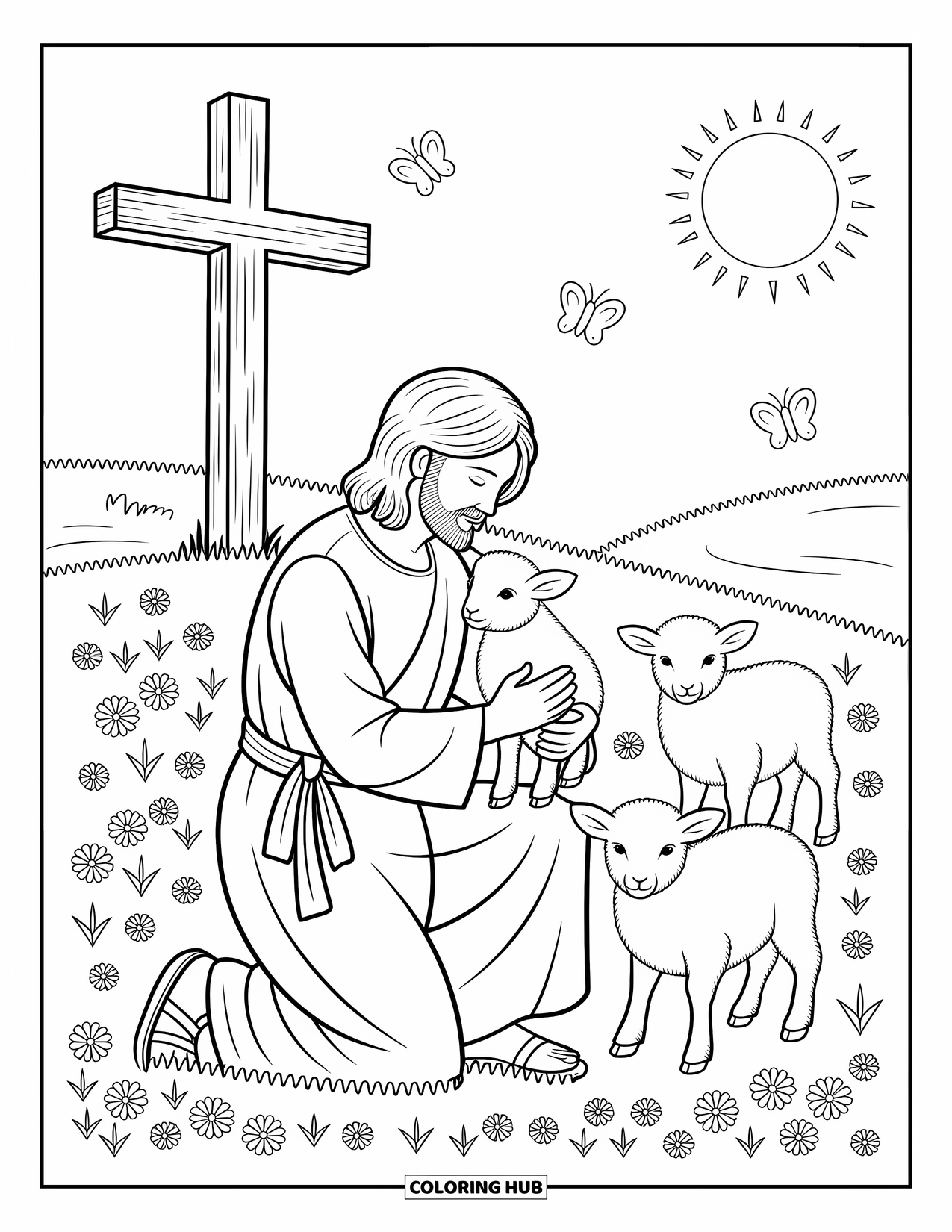Christian Easter Coloring Page for Adults: Jesus kneels in a flowered field holding a small lamb with love