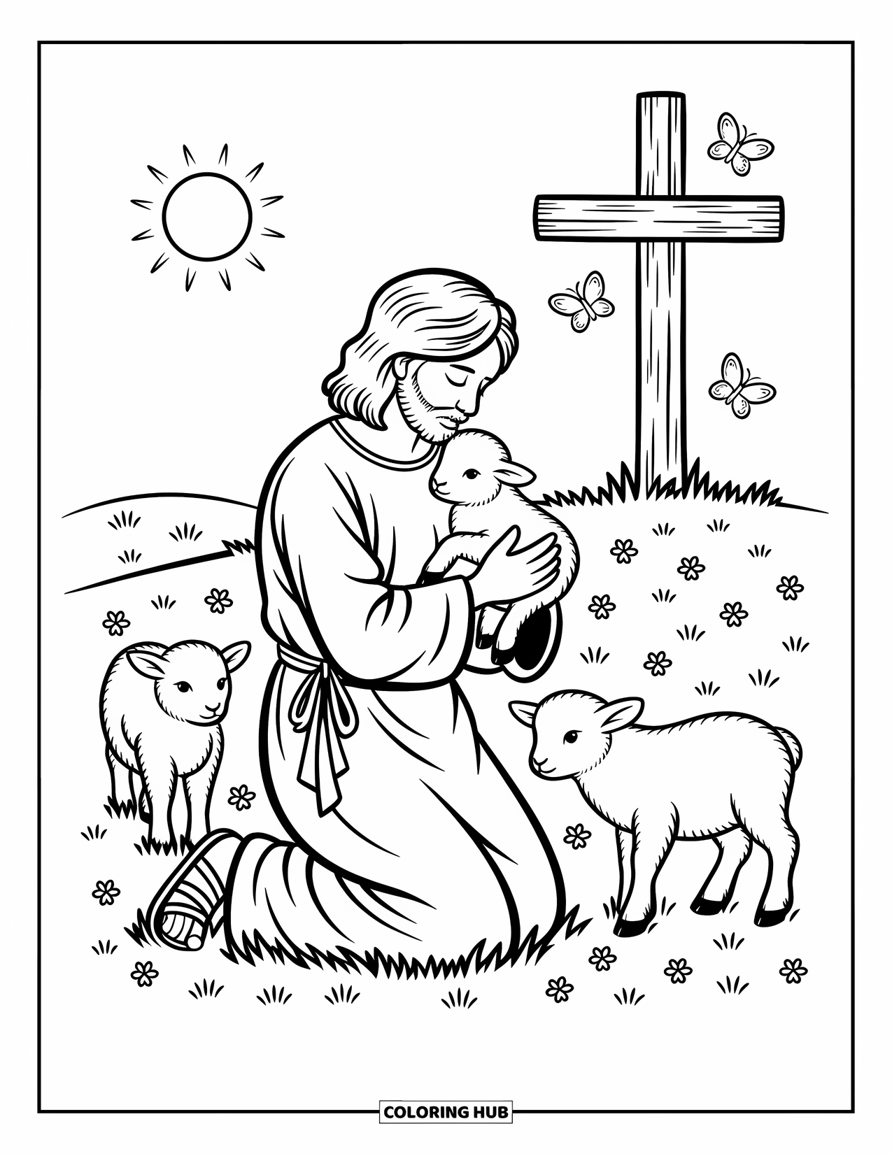 Christian Easter Coloring Page for Adults: Jesus kneels in a meadow, embracing a lamb beside a distant cross