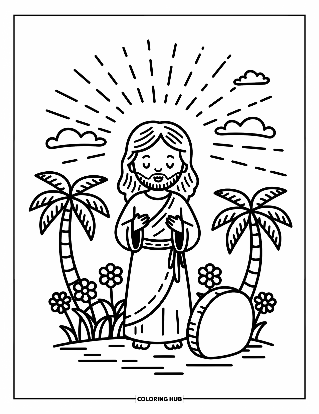 Christian Easter Coloring Page for Adults: Jesus stands at the empty tomb blessing softly under radiant rays