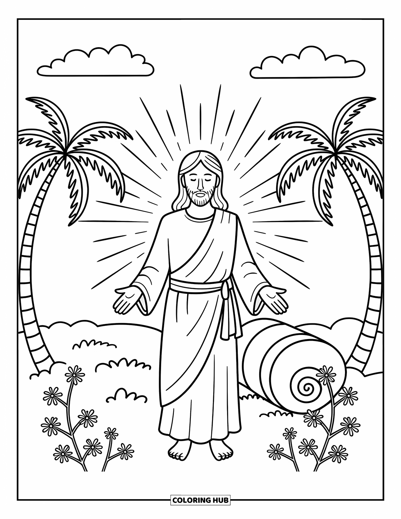 Christian Easter Coloring Page for Adults: Jesus stands before the open tomb surrounded by flowers and light