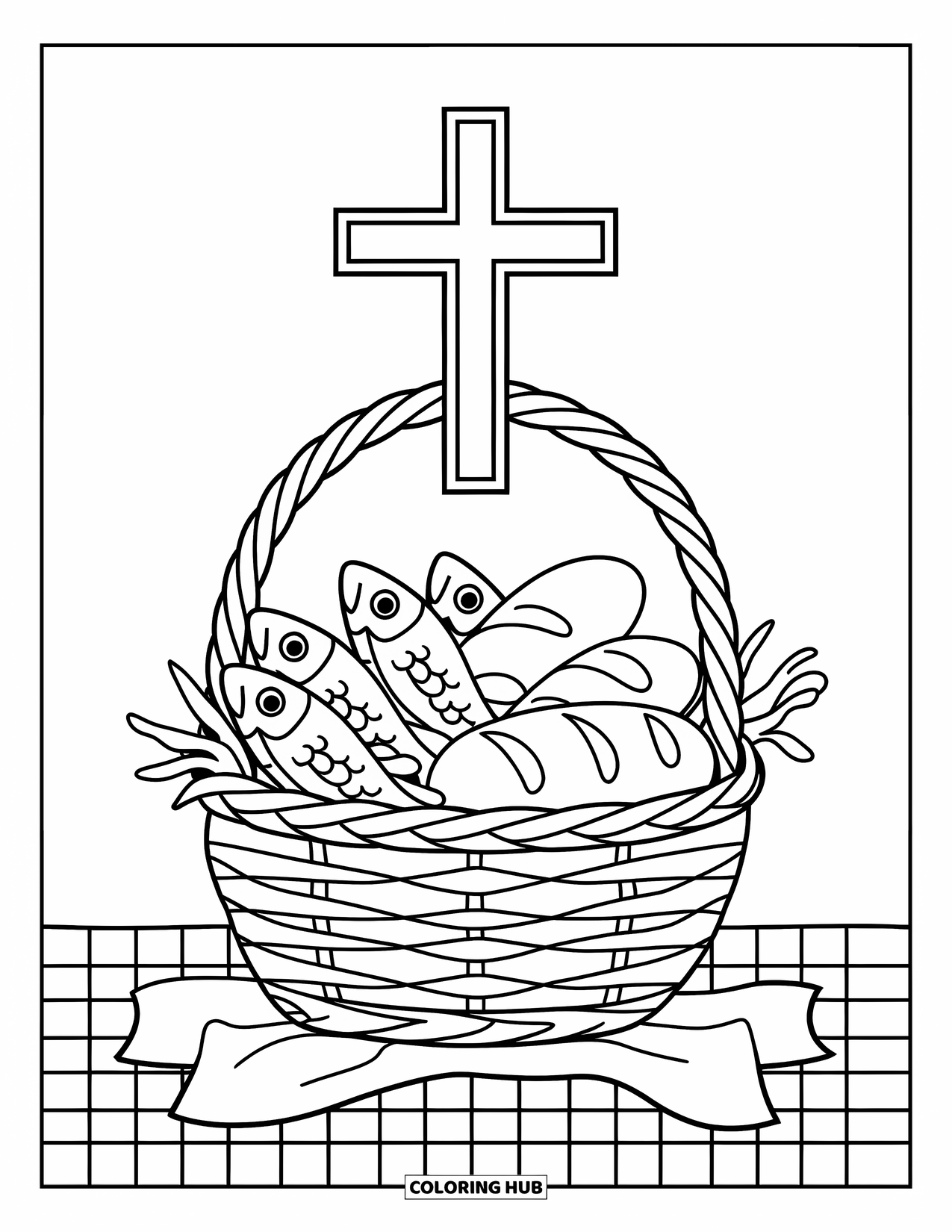 Christian Easter Coloring Page for Kids: A basket of bread and fish rests under a tall cross