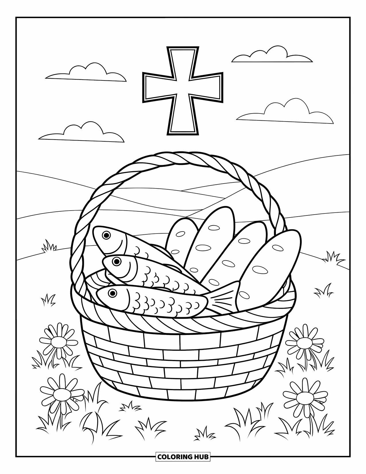 Christian Easter Coloring Page for Kids: A basket of loaves and fish beneath a bright wooden cross