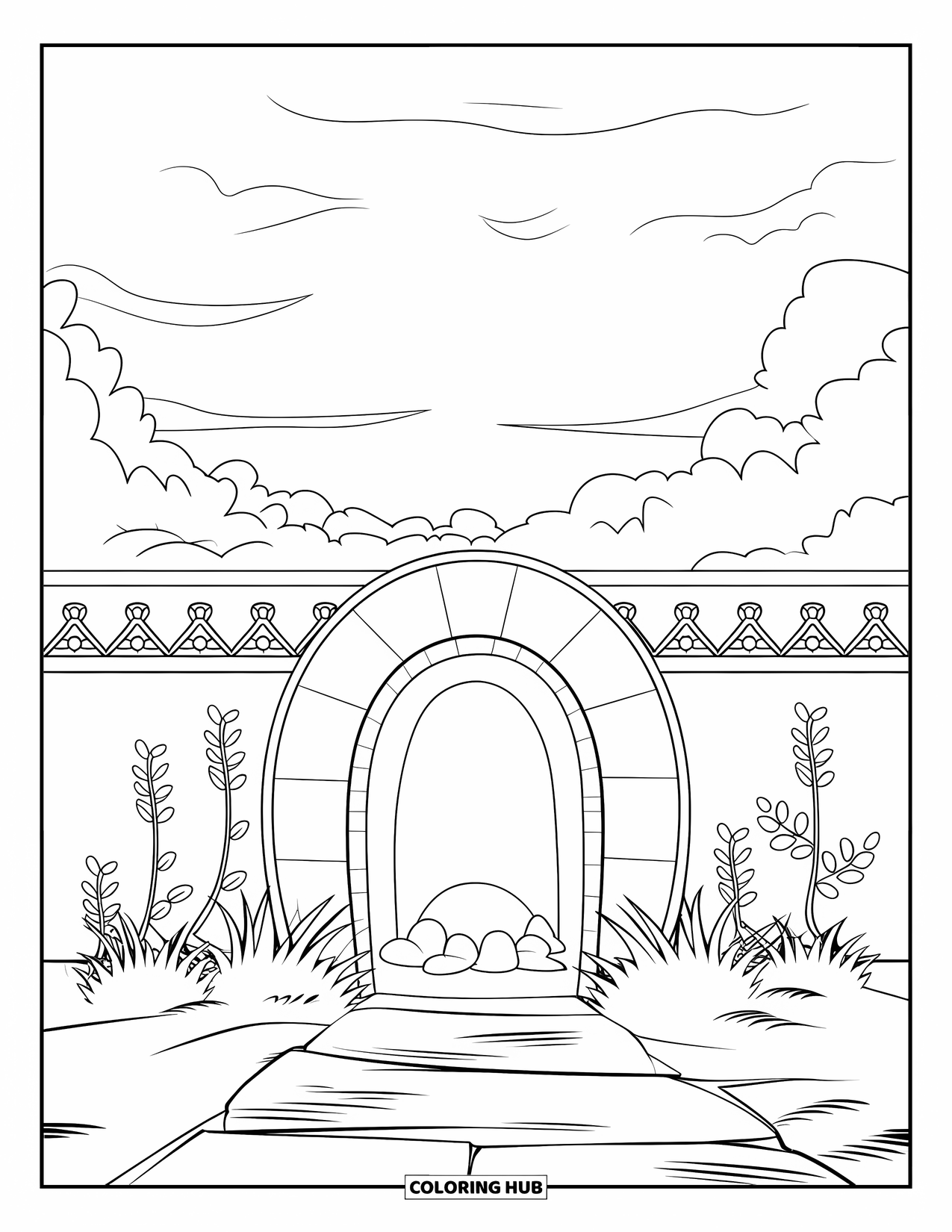 Christian Easter Coloring Page for Kids: A bright, empty tomb surrounded by stone walls and plants