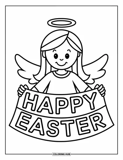 Keresztény húsvéti kifestő gyerekeknek: Vidám angyal tart egy "Happy Easter" táblát glóriával a fején