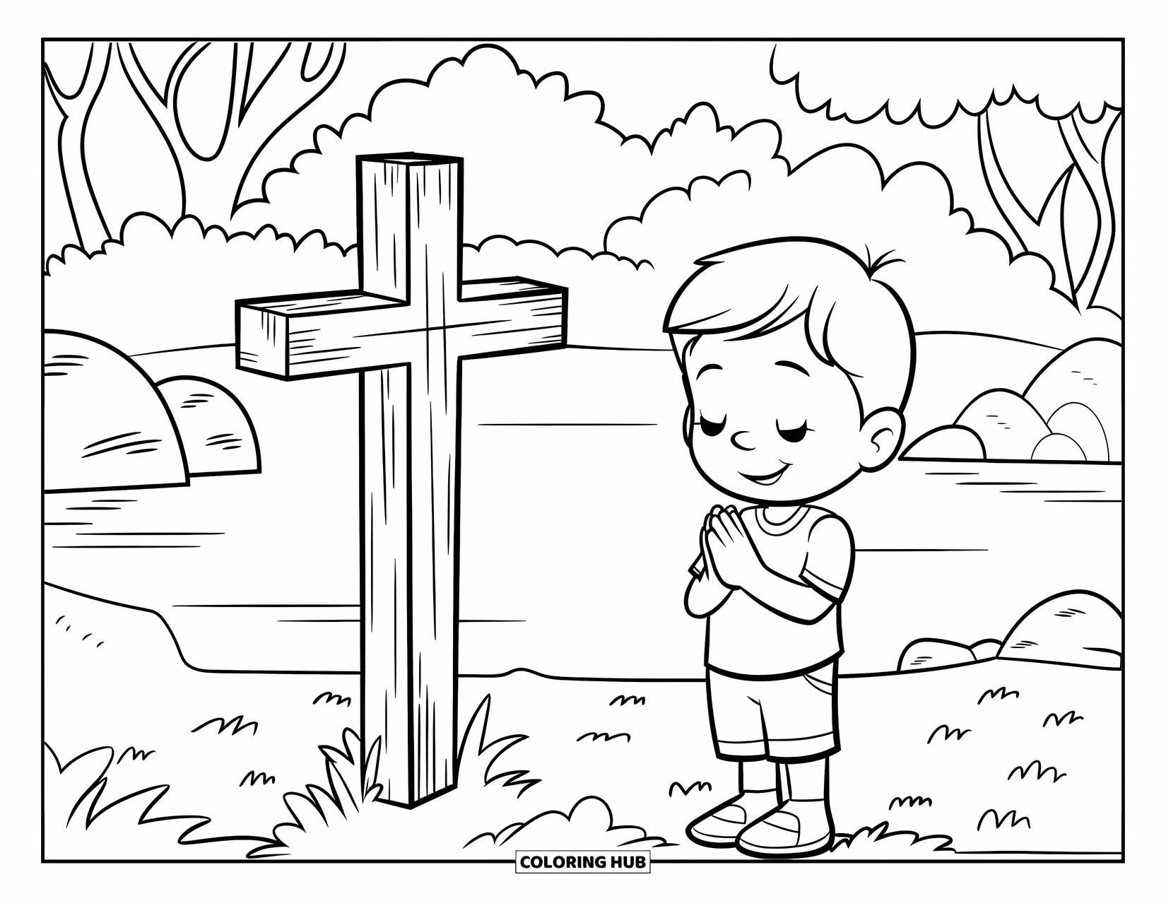 Christian Easter Coloring Page for Kids: A child in prayer stands near a cross among trees