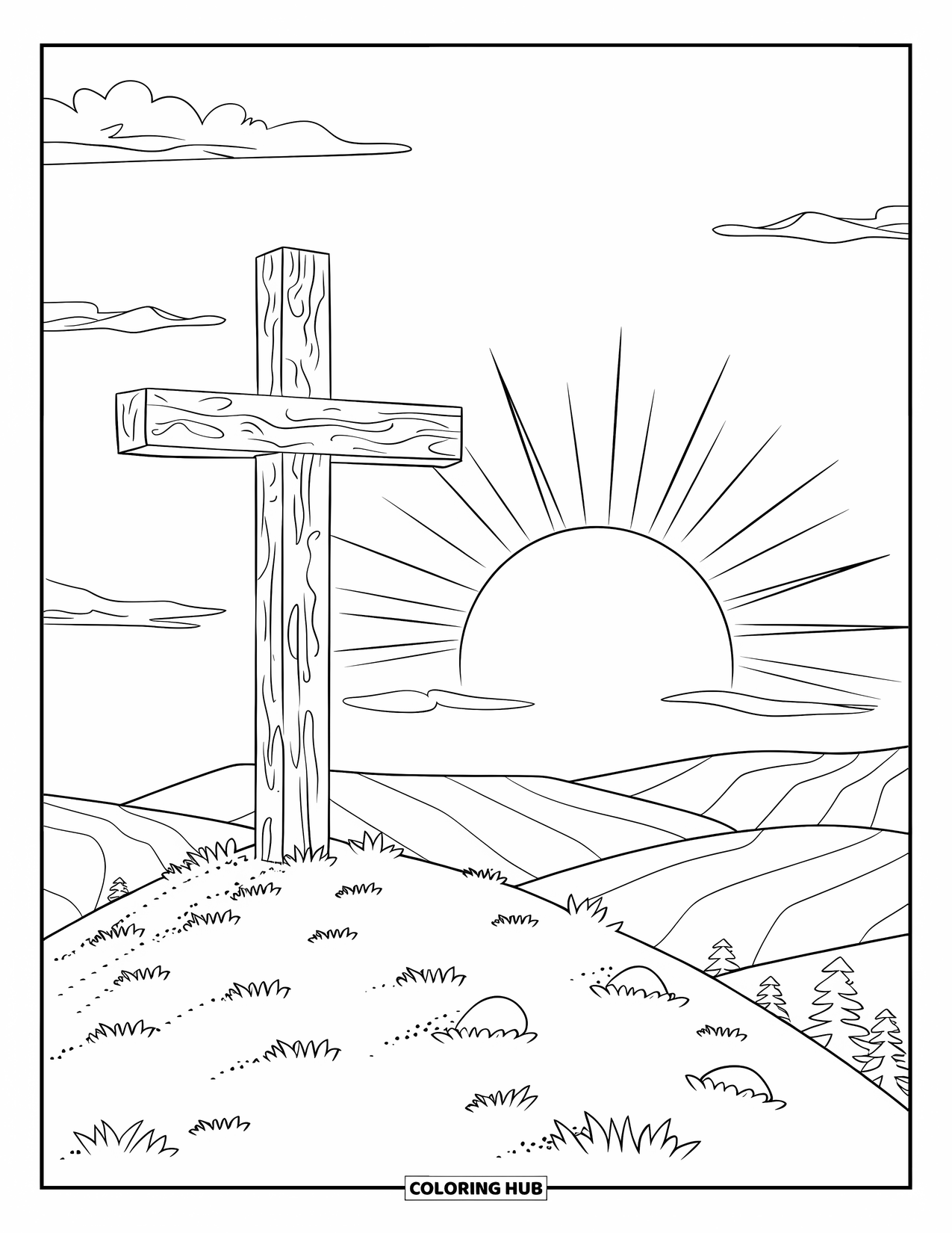 Christian Easter Coloring Page for Kids: A cross on a hill shines as the Easter sun rises behind