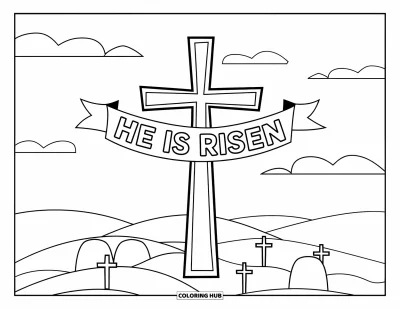 Keresztény húsvéti kifestő gyerekeknek: "He is Risen" feliratú szalagos kereszt áll egy dombon