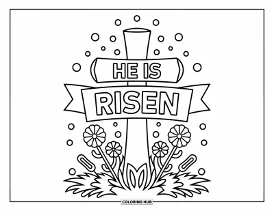 Keresztény húsvéti kifestő gyerekeknek: Virágos kereszt szalaggal, rajta "He is Risen" felirat