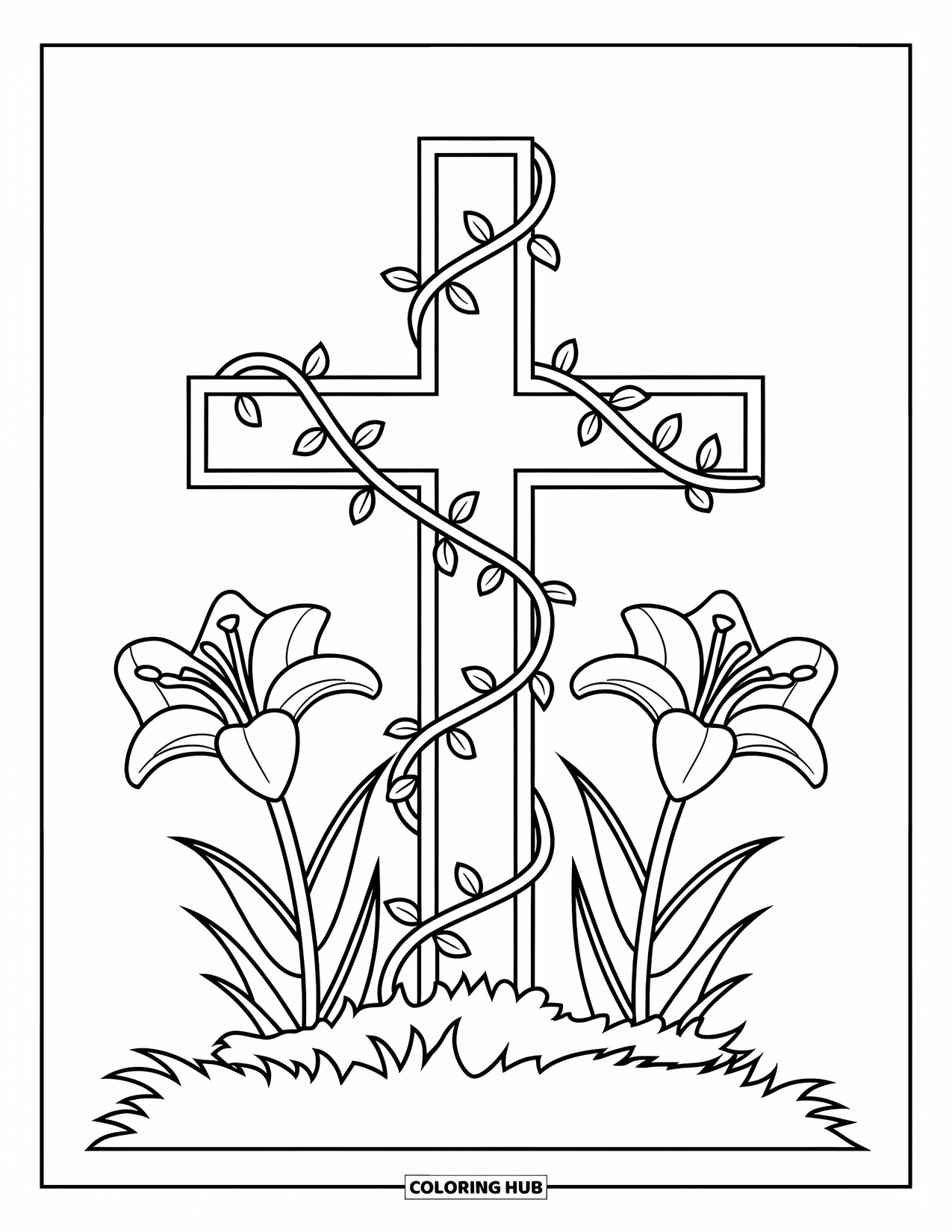Christian Easter Coloring Page for Kids: A cross with lilies and curling vines rises from soft soil